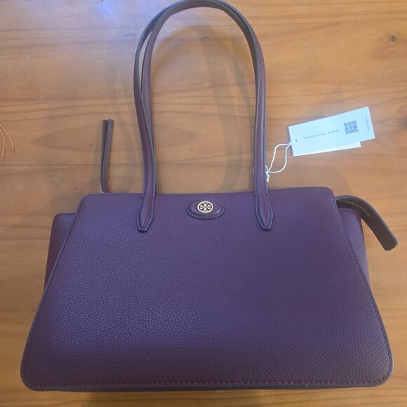 Tory Burch Robinson Small Pebbled Leather Tote in Claret - Picture 1 of 5